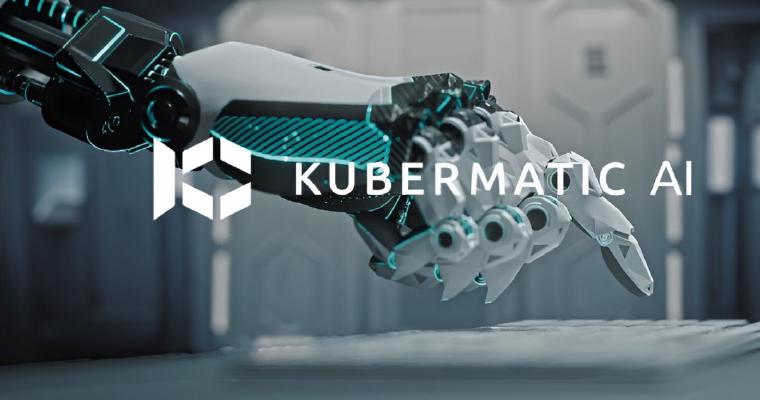 Robotic hand reaching toward a keyboard with the Kubermatic AI logo overlaid